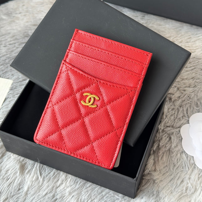 CLASSIC VERTICAL CARD HOLDER 14 IN RED GRAINED CALFSKIN GOLD-TONE METALLIC