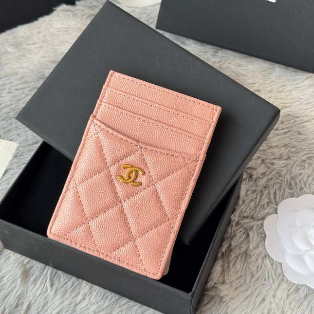 CLASSIC VERTICAL CARD HOLDER 14 IN TONYS PINK GRAINED CALFSKIN GOLD-TONE METALLIC