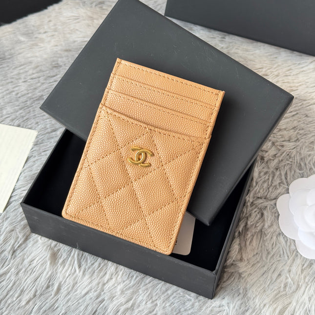 CLASSIC VERTICAL CARD HOLDER 14 IN LIGHT BROWN GRAINED CALFSKIN GOLD-TONE METALLIC