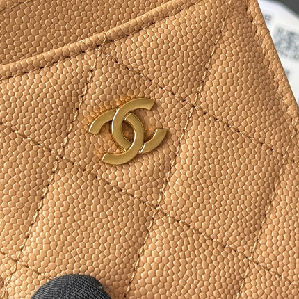 CLASSIC VERTICAL CARD HOLDER 14 IN LIGHT BROWN GRAINED CALFSKIN GOLD-TONE METALLIC