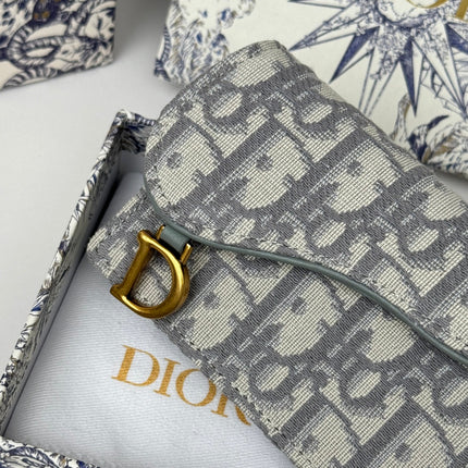 DIOR 25S SADDLE JASMINE GUSSET CARD HOLDER 10 IN GRAY OBLIQUE JACQUARD CANVAS