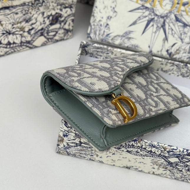 DIOR 25S SADDLE JASMINE GUSSET CARD HOLDER 10 IN GRAY OBLIQUE JACQUARD CANVAS