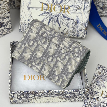 DIOR 25S SADDLE JASMINE GUSSET CARD HOLDER 10 IN GRAY OBLIQUE JACQUARD CANVAS