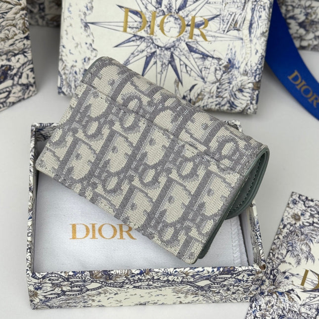 DIOR 25S SADDLE JASMINE GUSSET CARD HOLDER 10 IN GRAY OBLIQUE JACQUARD CANVAS