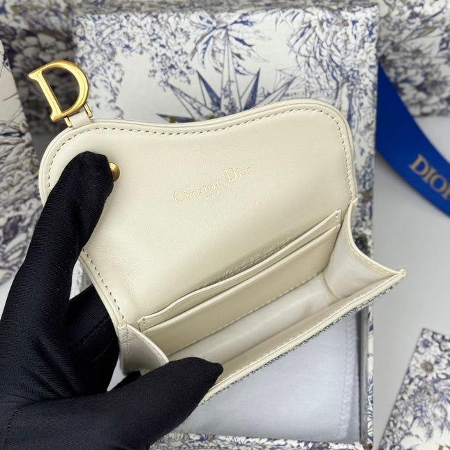 DIOR 25S SADDLE JASMINE GUSSET CARD HOLDER 10 IN LIGHT BLUE OBLIQUE JACQUARD CANVAS