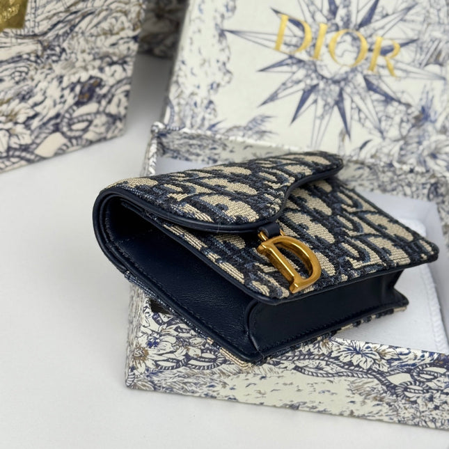 DIOR 25S SADDLE JASMINE GUSSET CARD HOLDER 10 IN BLUE OBLIQUE JACQUARD CANVAS