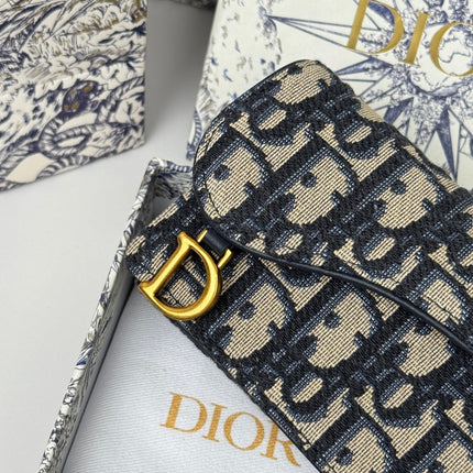 DIOR 25S SADDLE JASMINE GUSSET CARD HOLDER 10 IN BLUE OBLIQUE JACQUARD CANVAS