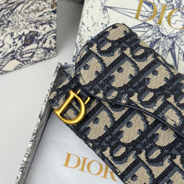 DIOR 25S SADDLE JASMINE GUSSET CARD HOLDER 10 IN BLUE OBLIQUE JACQUARD CANVAS