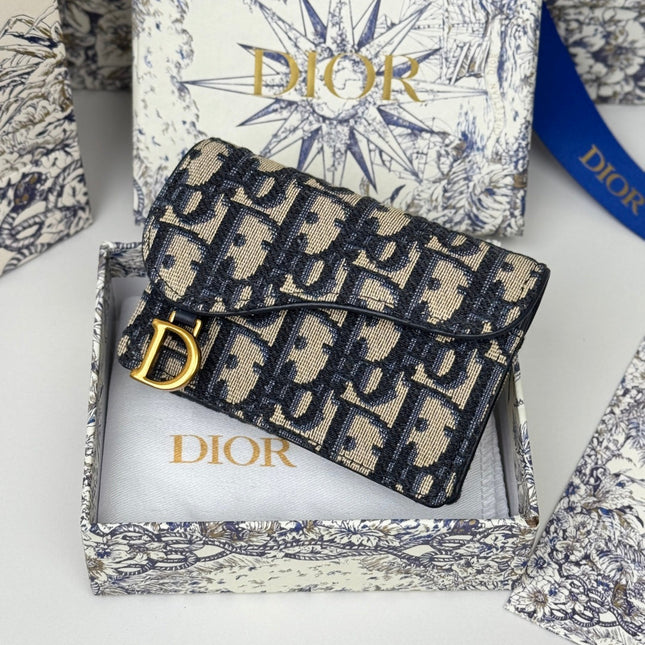 DIOR 25S SADDLE JASMINE GUSSET CARD HOLDER 10 IN BLUE OBLIQUE JACQUARD CANVAS