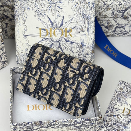 DIOR 25S SADDLE JASMINE GUSSET CARD HOLDER 10 IN BLUE OBLIQUE JACQUARD CANVAS