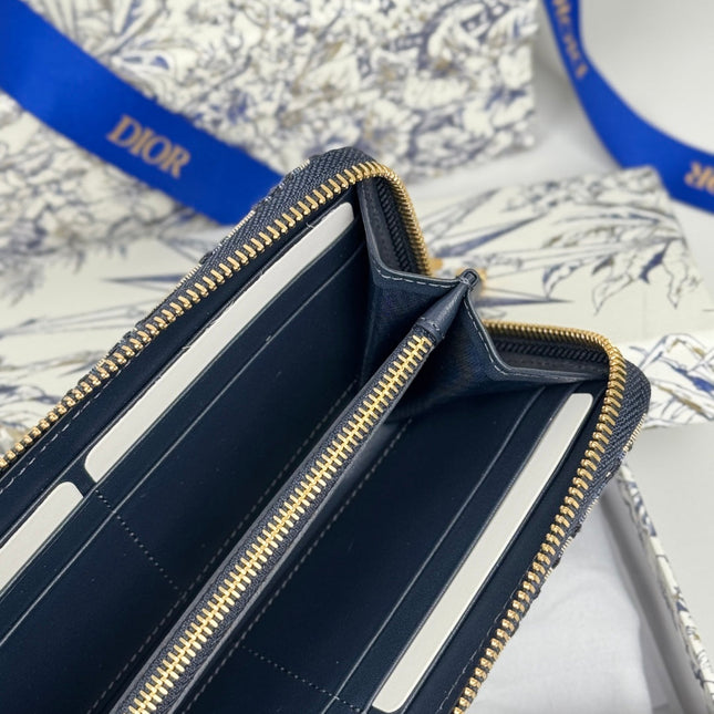 DIOR 25S LONG ZIPPER WALLET 19 IN BLUE OBLIQUE JACQUARD CANVAS