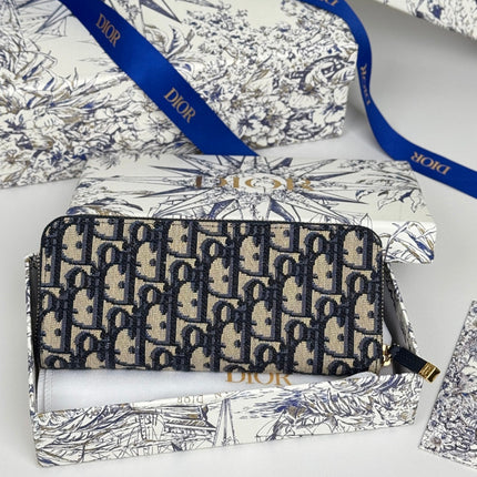 DIOR 25S LONG ZIPPER WALLET 19 IN BLUE OBLIQUE JACQUARD CANVAS