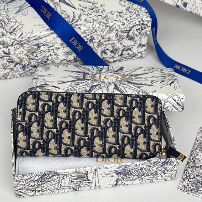 DIOR 25S LONG ZIPPER WALLET 19 IN BLUE OBLIQUE JACQUARD CANVAS