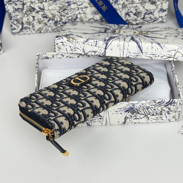 DIOR 25S LONG ZIPPER WALLET 19 IN BLUE OBLIQUE JACQUARD CANVAS