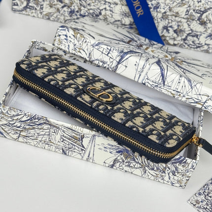 DIOR 25S LONG ZIPPER WALLET 19 IN BLUE OBLIQUE JACQUARD CANVAS
