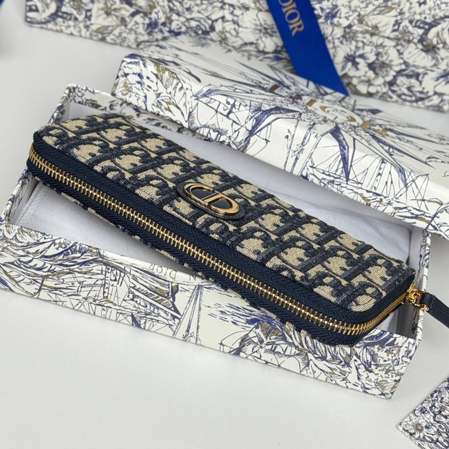 DIOR 25S LONG ZIPPER WALLET 19 IN BLUE OBLIQUE JACQUARD CANVAS