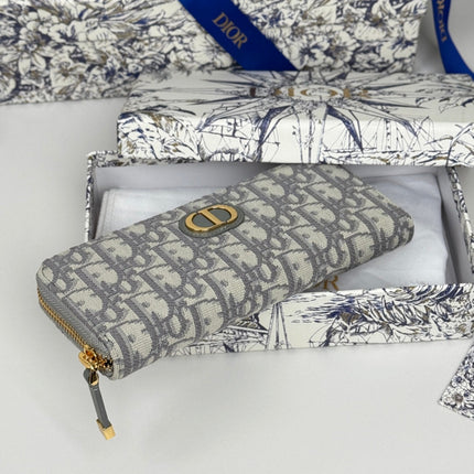 DIOR 25S LONG ZIPPER WALLET 19 IN GRAY OBLIQUE JACQUARD CANVAS