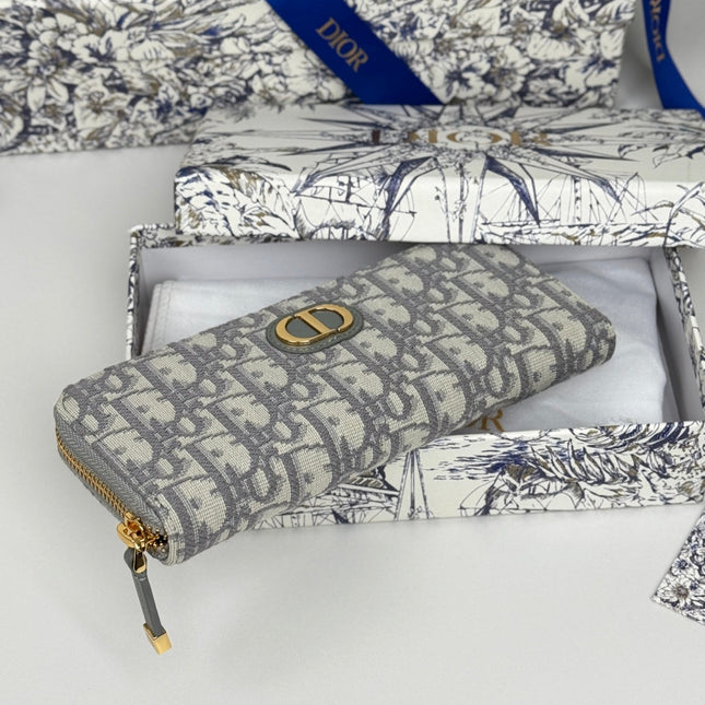 DIOR 25S LONG ZIPPER WALLET 19 IN GRAY OBLIQUE JACQUARD CANVAS