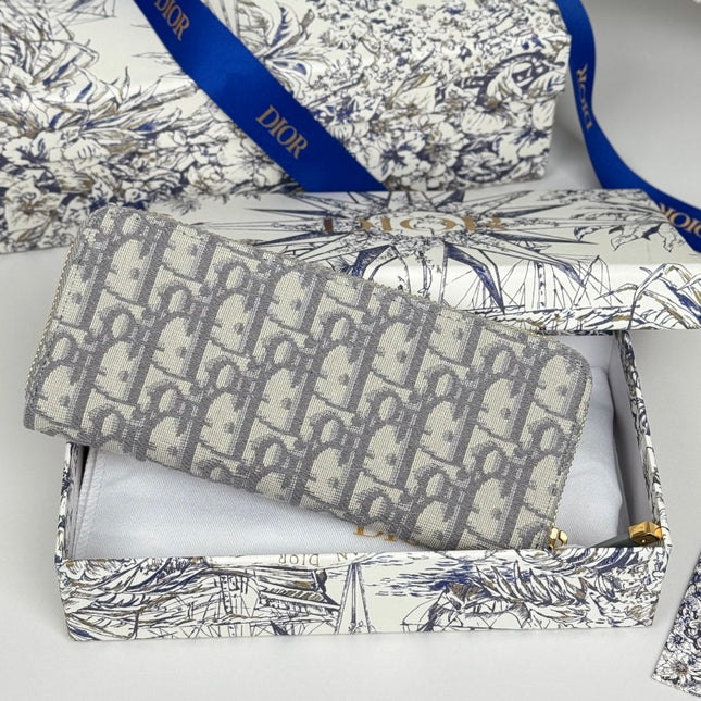 DIOR 25S LONG ZIPPER WALLET 19 IN GRAY OBLIQUE JACQUARD CANVAS