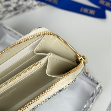 DIOR 25S LONG ZIPPER WALLET 19 IN LIGHT BLUE OBLIQUE JACQUARD CANVAS