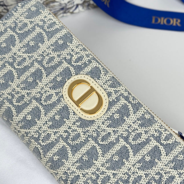 DIOR 25S LONG ZIPPER WALLET 19 IN LIGHT BLUE OBLIQUE JACQUARD CANVAS