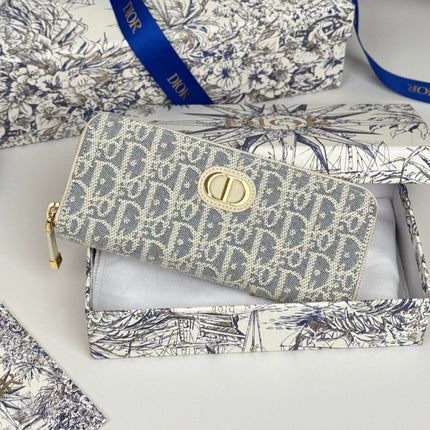 DIOR 25S LONG ZIPPER WALLET 19 IN LIGHT BLUE OBLIQUE JACQUARD CANVAS