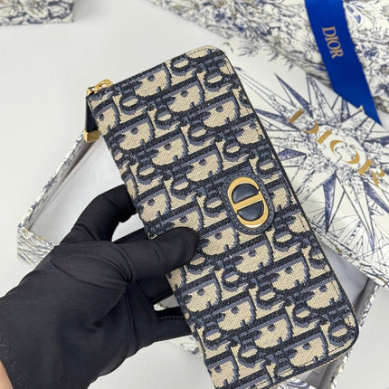 DIOR 25S LONG ZIPPER WALLET 19 IN BLUE OBLIQUE JACQUARD CANVAS