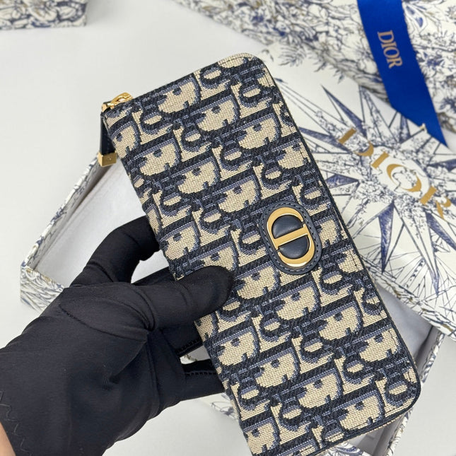DIOR 25S LONG ZIPPER WALLET 19 IN BLUE OBLIQUE JACQUARD CANVAS