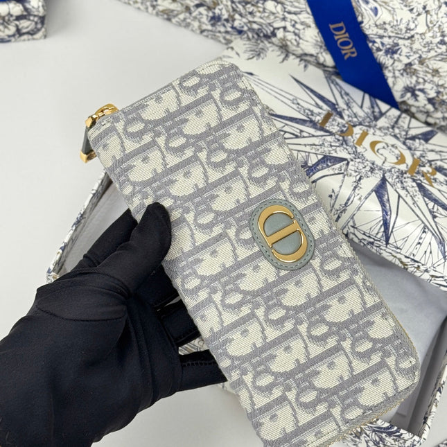 DIOR 25S LONG ZIPPER WALLET 19 IN GRAY OBLIQUE JACQUARD CANVAS