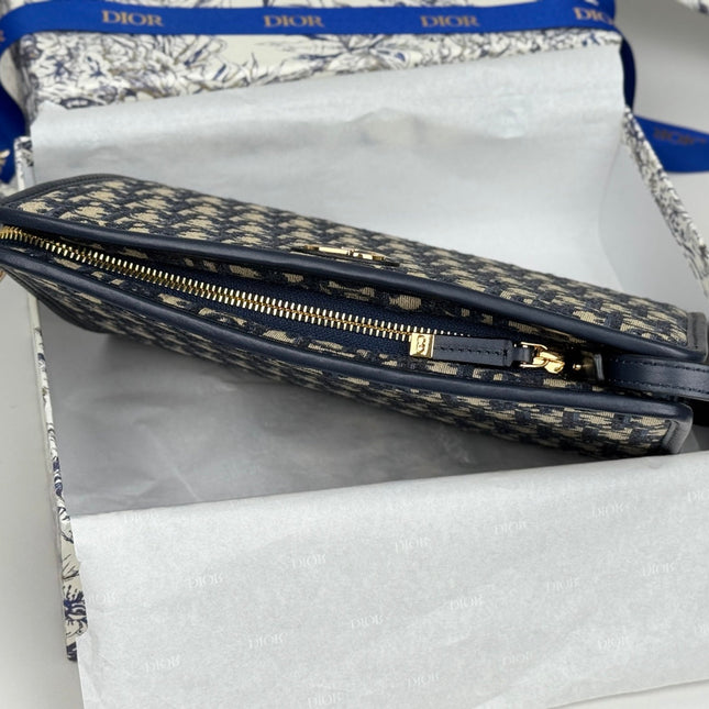 DIOR 25S 30 MONTAIGNE DEA POUCH BLUE OBLIQUE JACQUARD 26 IN CANVAS