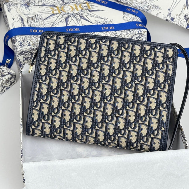 DIOR 25S 30 MONTAIGNE DEA POUCH BLUE OBLIQUE JACQUARD 26 IN CANVAS