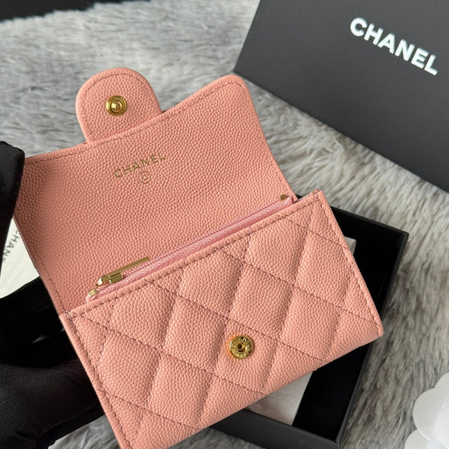 CHANEL 25S CLASSIC FLAP CARD HOLDER 11 IN PEACH PINK CAVIAR GOLD HARDWARE