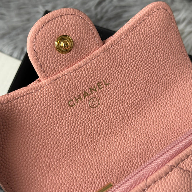 CHANEL 25S CLASSIC FLAP CARD HOLDER 11 IN PEACH PINK CAVIAR GOLD HARDWARE