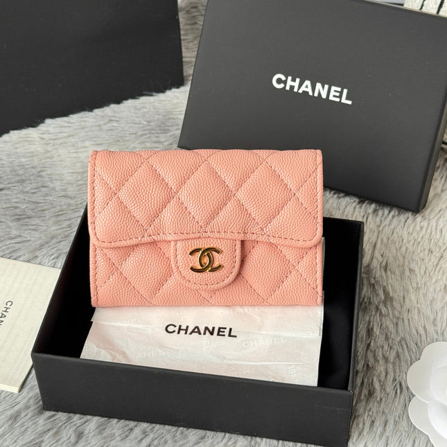 CHANEL 25S CLASSIC FLAP CARD HOLDER 11 IN PEACH PINK CAVIAR GOLD HARDWARE