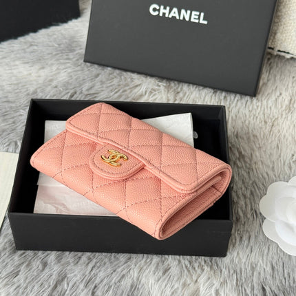 CHANEL 25S CLASSIC FLAP CARD HOLDER 11 IN PEACH PINK CAVIAR GOLD HARDWARE