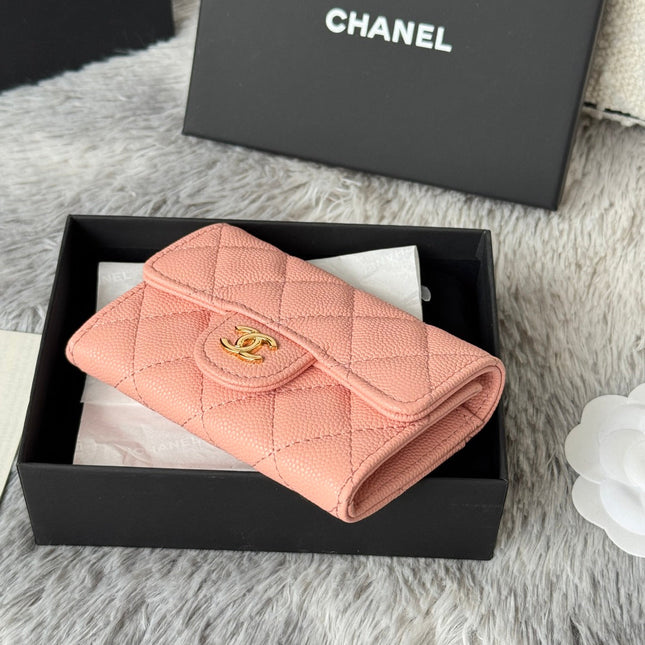 CHANEL 25S CLASSIC FLAP CARD HOLDER 11 IN PEACH PINK CAVIAR GOLD HARDWARE