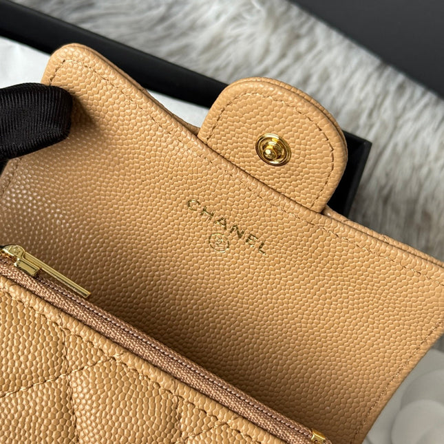 CHANEL 25S CLASSIC FLAP CARD HOLDER 11 IN GOLDEN CARAMEL CAVIAR GOLD HARDWARE