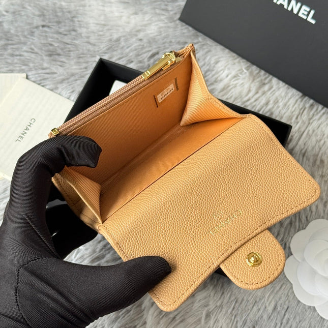 CHANEL 25S CLASSIC FLAP CARD HOLDER 11 IN GOLDEN CARAMEL CAVIAR GOLD HARDWARE