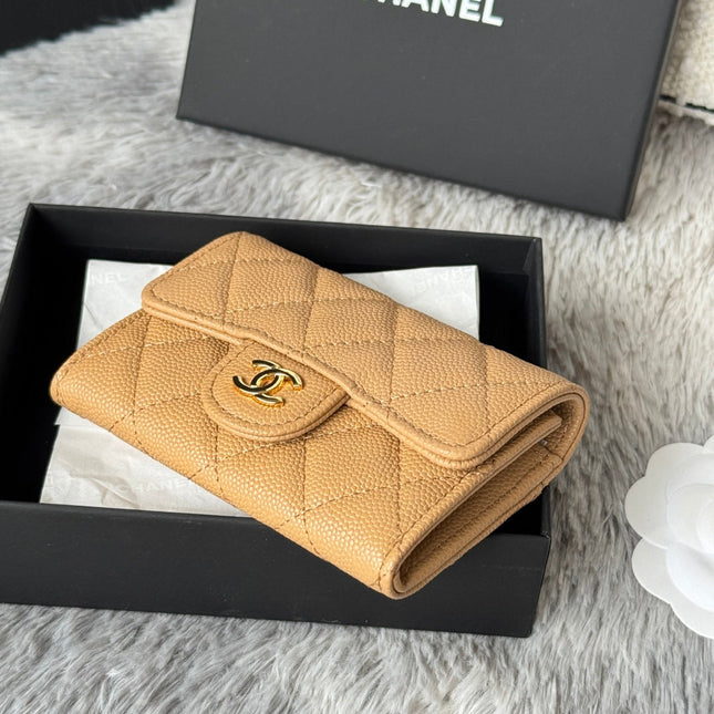 CHANEL 25S CLASSIC FLAP CARD HOLDER 11 IN GOLDEN CARAMEL CAVIAR GOLD HARDWARE