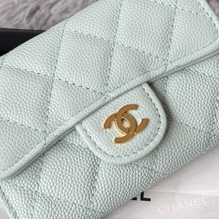 CHANEL 25S CLASSIC FLAP CARD HOLDER 11 IN SOFT MINT CAVIAR GOLD HARDWARE