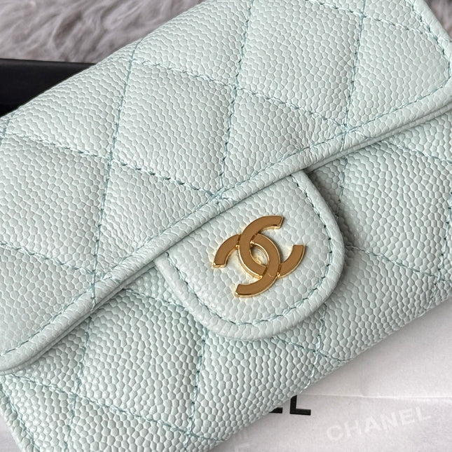 CHANEL 25S CLASSIC FLAP CARD HOLDER 11 IN SOFT MINT CAVIAR GOLD HARDWARE