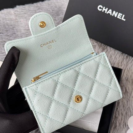 CHANEL 25S CLASSIC FLAP CARD HOLDER 11 IN SOFT MINT CAVIAR GOLD HARDWARE