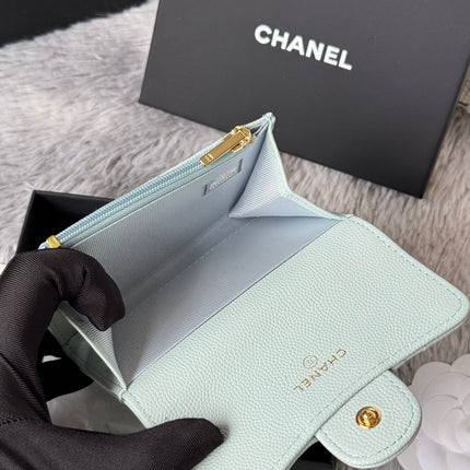CHANEL 25S CLASSIC FLAP CARD HOLDER 11 IN SOFT MINT CAVIAR GOLD HARDWARE
