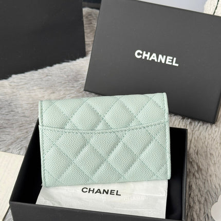 CHANEL 25S CLASSIC FLAP CARD HOLDER 11 IN SOFT MINT CAVIAR GOLD HARDWARE