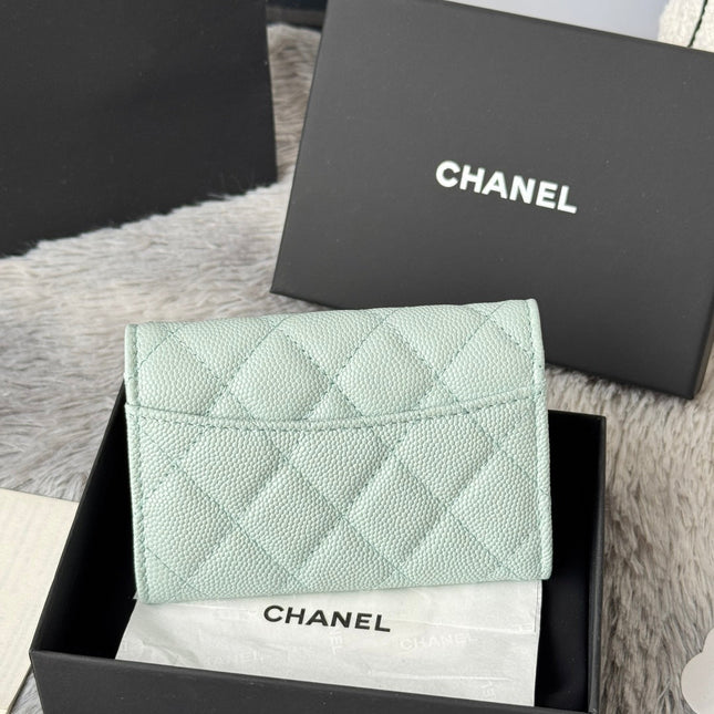 CHANEL 25S CLASSIC FLAP CARD HOLDER 11 IN SOFT MINT CAVIAR GOLD HARDWARE