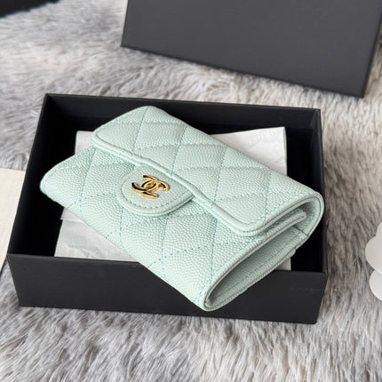 CHANEL 25S CLASSIC FLAP CARD HOLDER 11 IN SOFT MINT CAVIAR GOLD HARDWARE