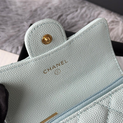 CHANEL 25S CLASSIC FLAP CARD HOLDER 11 IN SOFT MINT CAVIAR GOLD HARDWARE