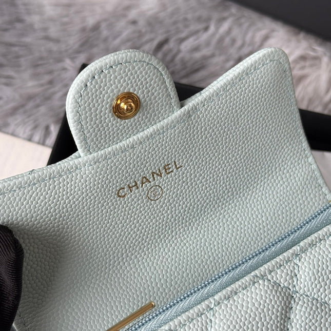 CHANEL 25S CLASSIC FLAP CARD HOLDER 11 IN SOFT MINT CAVIAR GOLD HARDWARE