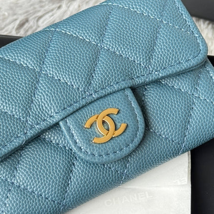 CHANEL 25S CLASSIC FLAP CARD HOLDER 11 IN SLATE BLUE CAVIAR GOLD HARDWARE