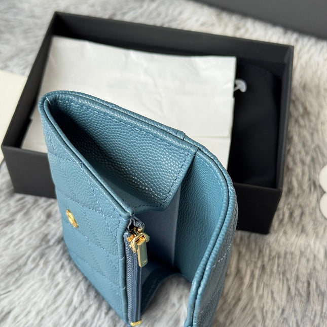 CHANEL 25S CLASSIC FLAP CARD HOLDER 11 IN SLATE BLUE CAVIAR GOLD HARDWARE